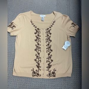 Nine West Beige Short Sleeve Button-Front Embroidered Top